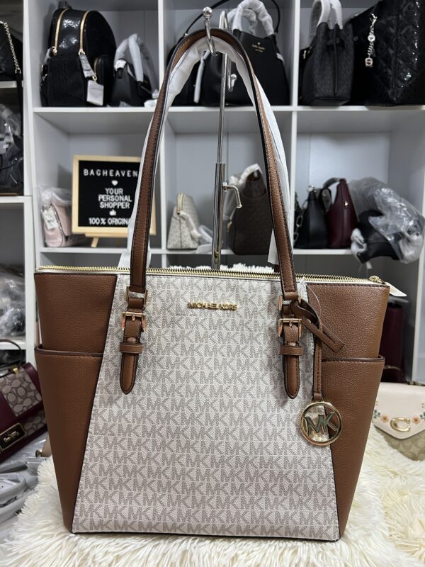 Michael Kors Charlotte Zip Tote Bag Signature Vanilla Brown - Image 2