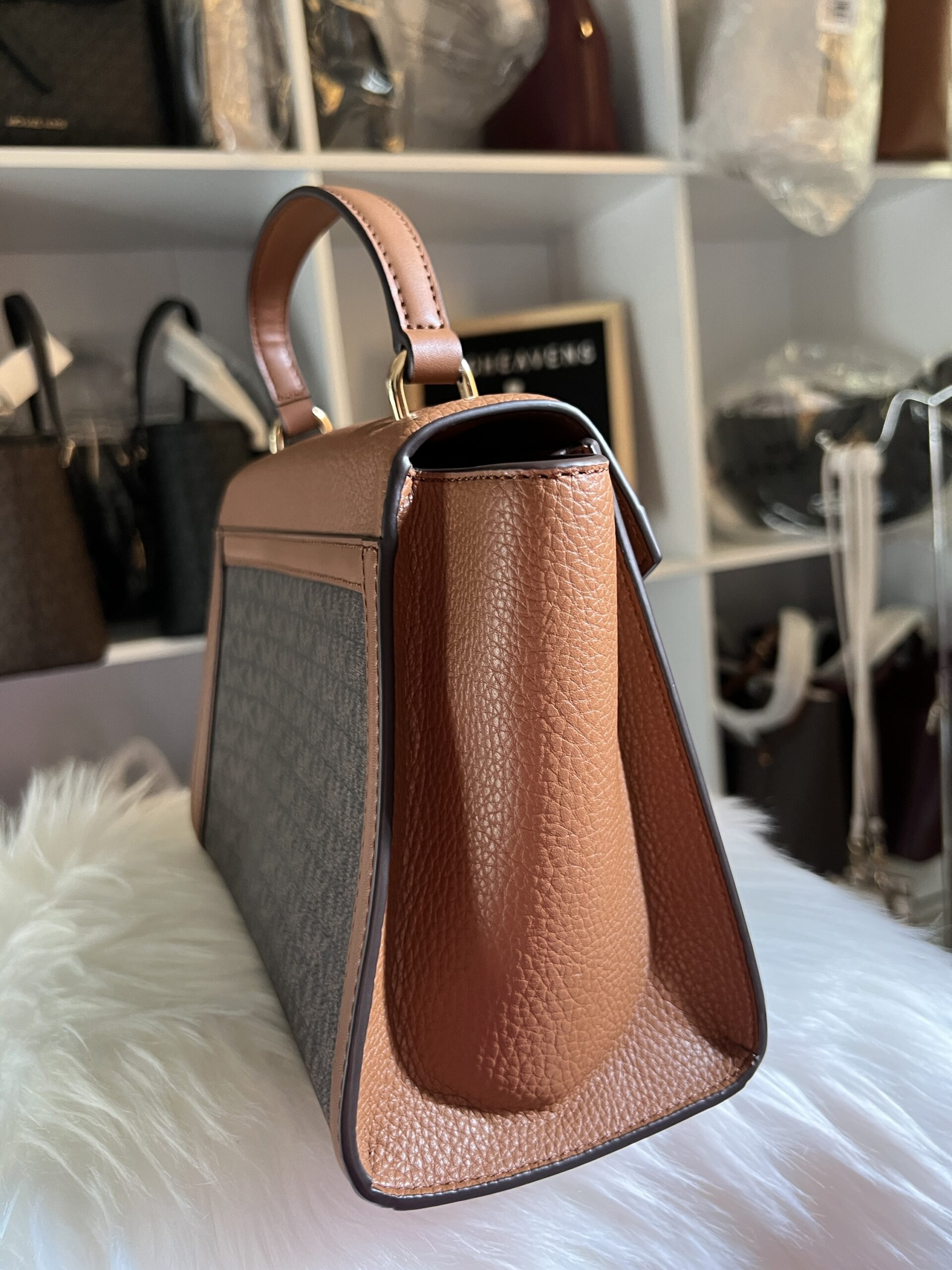 Michael Kors Whitney Medium Flap Top Handle Satchel Signature Brown - Image 5