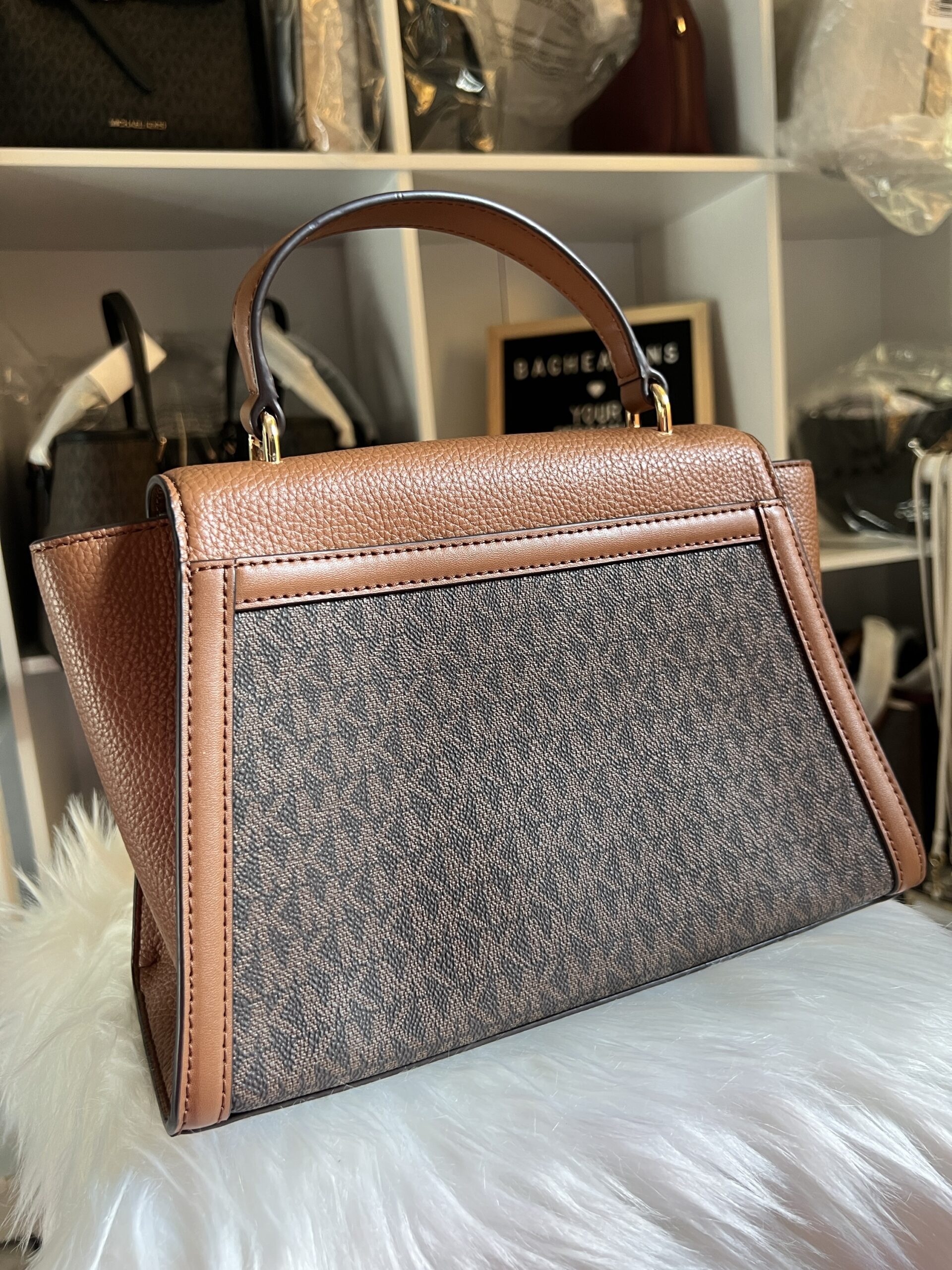 Michael Kors Whitney Medium Flap Top Handle Satchel Signature Brown - Image 4