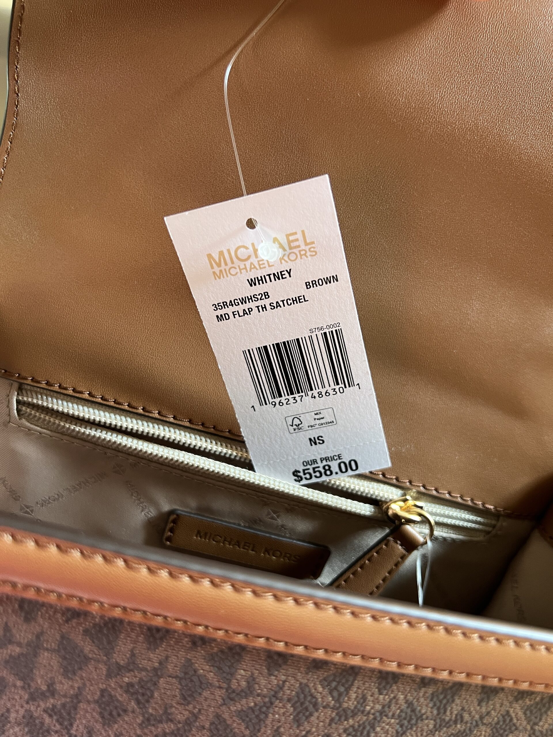 Michael Kors Whitney Medium Flap Top Handle Satchel Signature Brown - Image 8