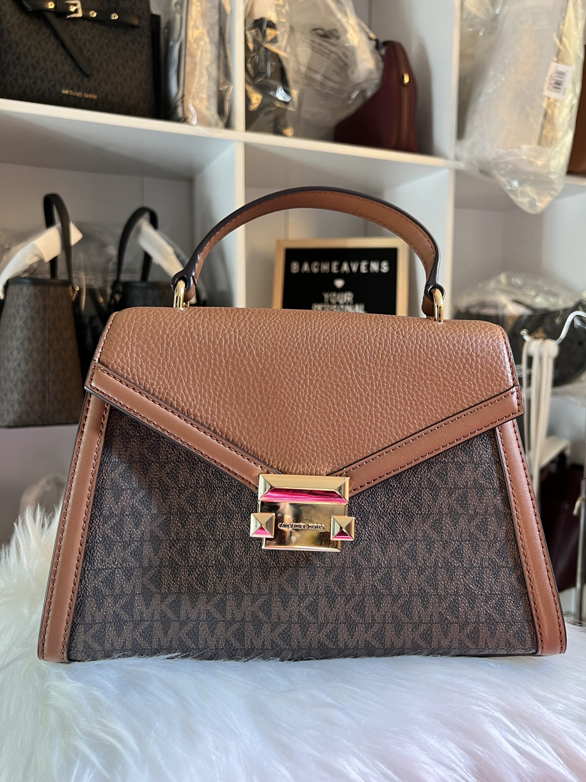 Michael Kors Whitney Medium Flap Top Handle Satchel Signature Brown