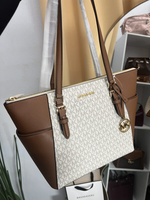 Michael Kors Charlotte Zip Tote Bag Signature Vanilla Brown